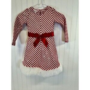 Bonne Jean Girls Candy Cane  Sequin Fur Trimmed Christmas Holiday Party Dress 4T